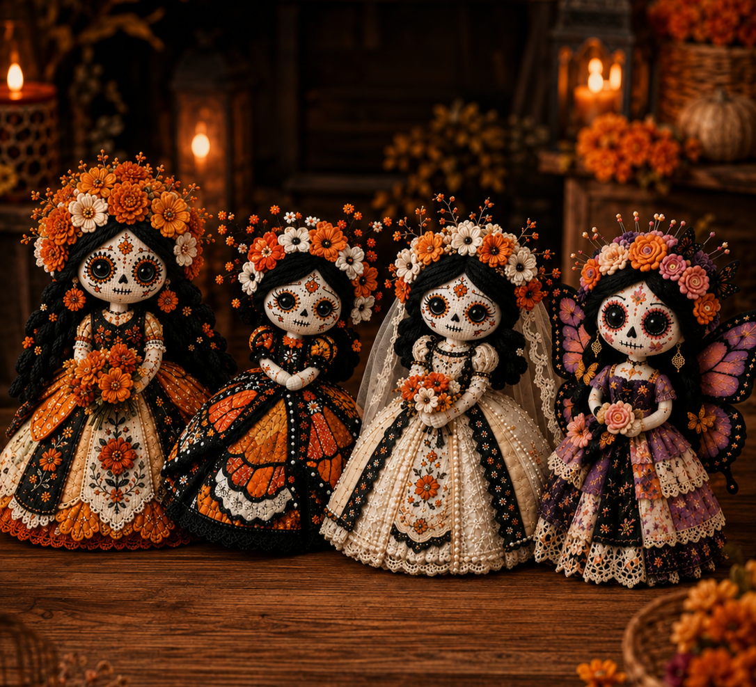 🔥LAST DAY 49% OFF - 🎃Day of the Dead Patchwork Doll DIY Sewing Kit - Handmade Fabric Doll Craft Kit with Floral Details