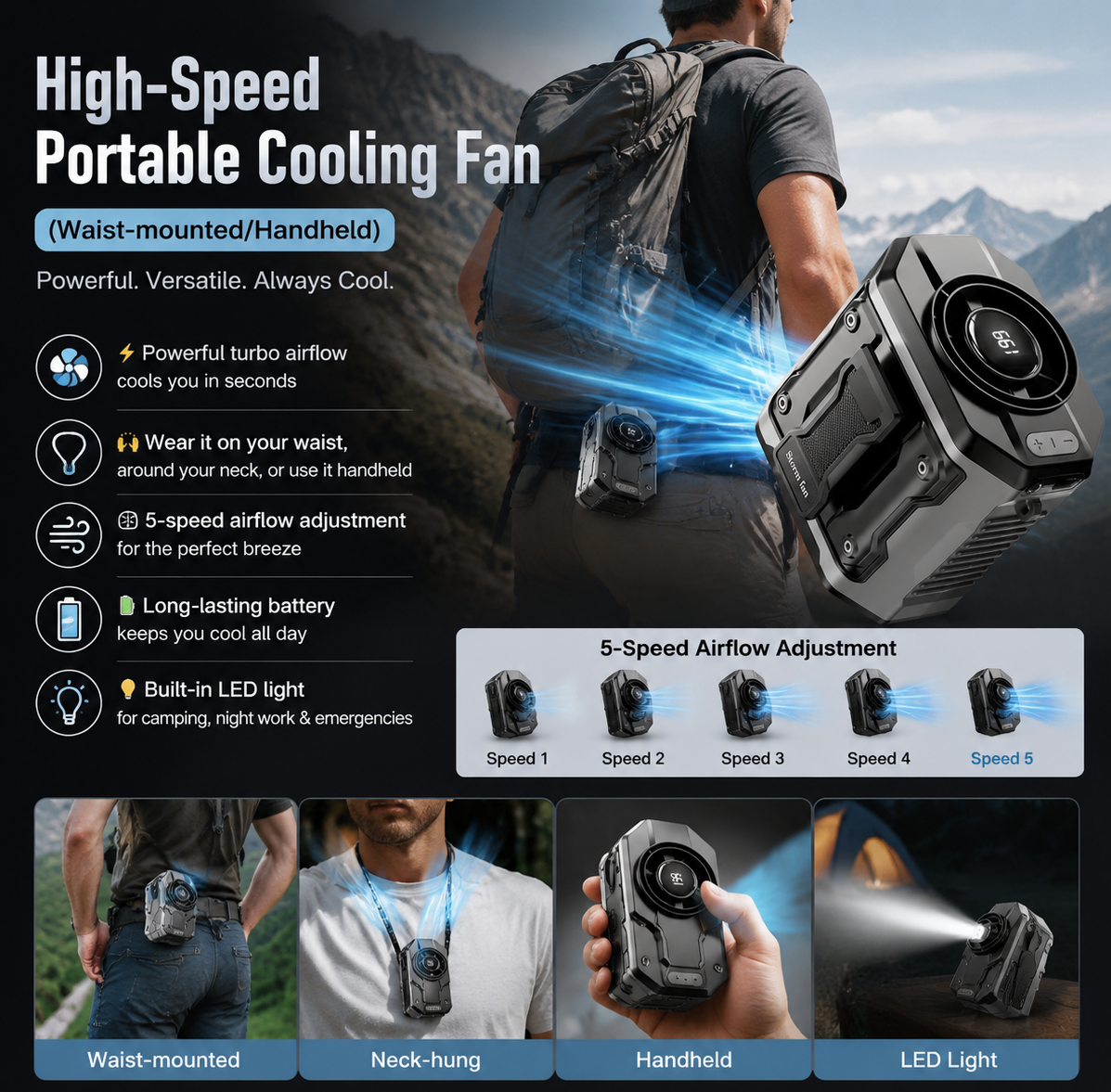 🌞Summer Hot Sale-50% OFF 🌟 High-Speed Portable Cooling Fan (Waist-mounted/Handheld)