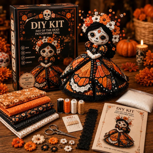 🔥LAST DAY 49% OFF - 🎃Day of the Dead Patchwork Doll DIY Sewing Kit - Handmade Fabric Doll Craft Kit with Floral Details