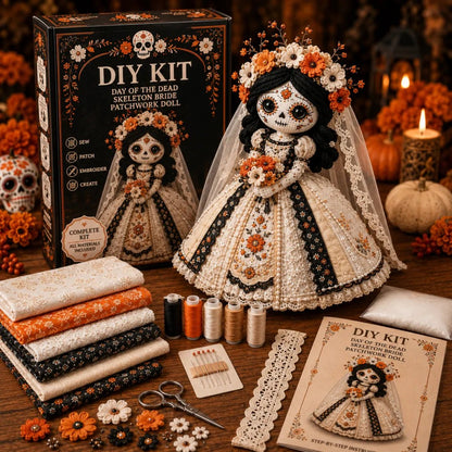 🔥LAST DAY 49% OFF - 🎃Day of the Dead Patchwork Doll DIY Sewing Kit - Handmade Fabric Doll Craft Kit with Floral Details